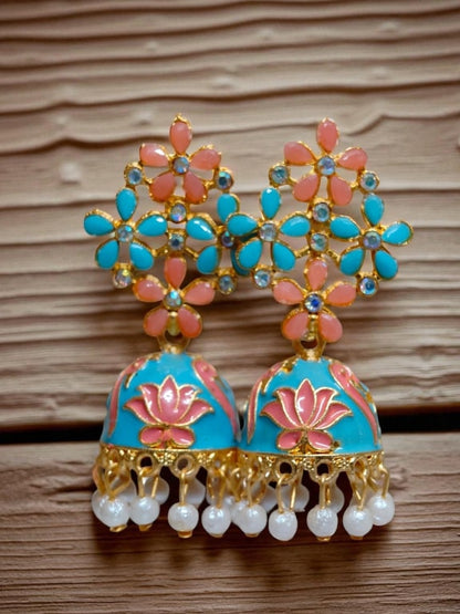 Floral Meenakari Jhumka Earrings with Pearl Drops, Hand-Painted Jhumki for Women, Festive & Party Wear Jewelry-Jewellery-NONO & LULI-NONO & LULI