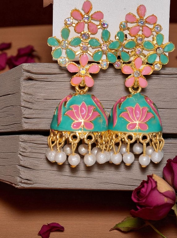 Green Floral Meenakari Jhumka Earrings with Pearl Drops, Hand-Painted Jhumki for Women, Festive & Party Wear Jewelry-Jewellery-NONO & LULI-NONO & LULI