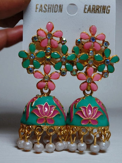 Green Floral Meenakari Jhumka Earrings with Pearl Drops, Hand-Painted Jhumki for Women, Festive & Party Wear Jewelry-Jewellery-NONO & LULI-NONO & LULI