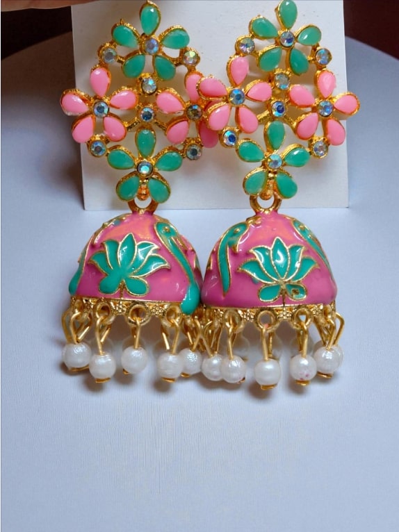 Pink Floral Meenakari Jhumka Earrings with Pearl Drops, Hand-Painted Jhumki for Women, Festive & Party Wear Jewelry-Jewellery-NONO & LULI-NONO & LULI