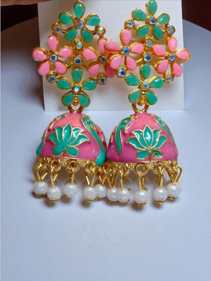 Pink Floral Meenakari Jhumka Earrings with Pearl Drops, Hand-Painted Jhumki for Women, Festive & Party Wear Jewelry-Jewellery-NONO & LULI-NONO & LULI