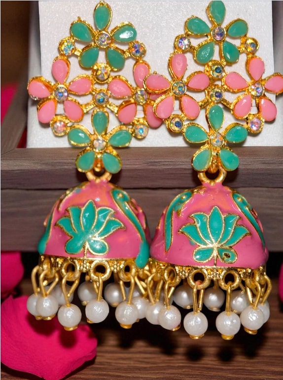 Pink Floral Meenakari Jhumka Earrings with Pearl Drops, Hand-Painted Jhumki for Women, Festive & Party Wear Jewelry-Jewellery-NONO & LULI-NONO & LULI