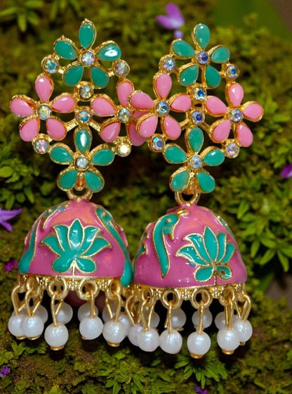 Pink Floral Meenakari Jhumka Earrings with Pearl Drops, Hand-Painted Jhumki for Women, Festive & Party Wear Jewelry-Jewellery-NONO & LULI-NONO & LULI