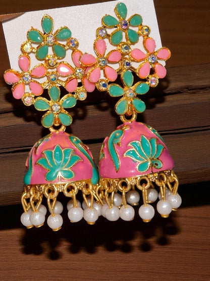 Pink Floral Meenakari Jhumka Earrings with Pearl Drops, Hand-Painted Jhumki for Women, Festive & Party Wear Jewelry-Jewellery-NONO & LULI-NONO & LULI