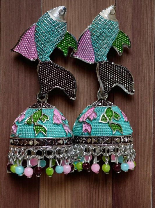 Trendy Fish Design Meenakari Jhumka | Colorful Oxidised Jhumki Earrings with Multicolor Beads | Festive Jewellery for Women & Girls