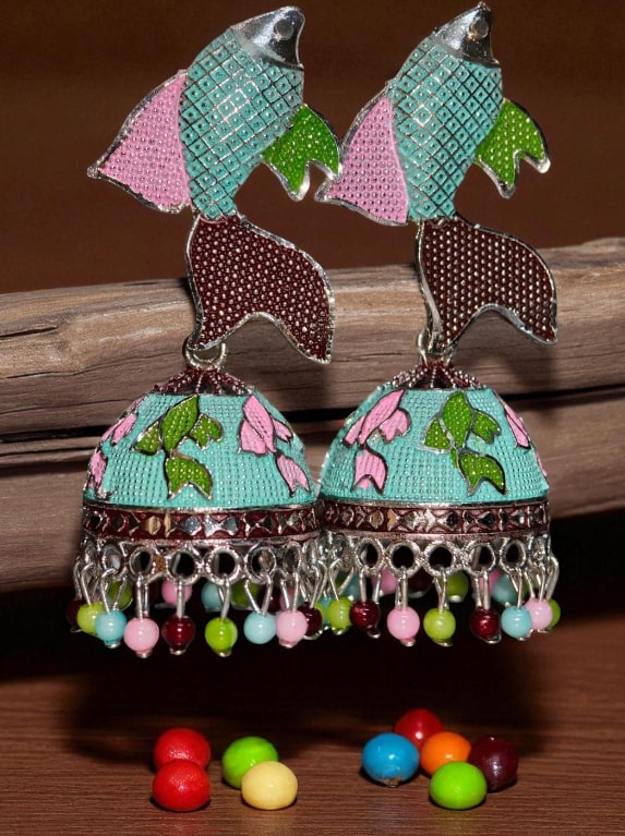 Trendy Fish Design Meenakari Jhumka | Colorful Oxidised Jhumki Earrings with Multicolor Beads | Festive Jewellery for Women & Girls