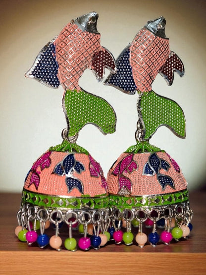 Stylish Fish Design Meenakari Jhumka | Trendy Oxidised Jhumki Earrings with Multicolor Beads | Ethnic Jewellery for Women and Girls
