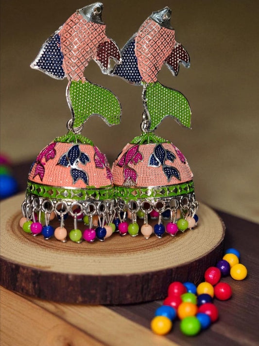 Stylish Fish Design Meenakari Jhumka | Trendy Oxidised Jhumki Earrings with Multicolor Beads | Ethnic Jewellery for Women and Girls