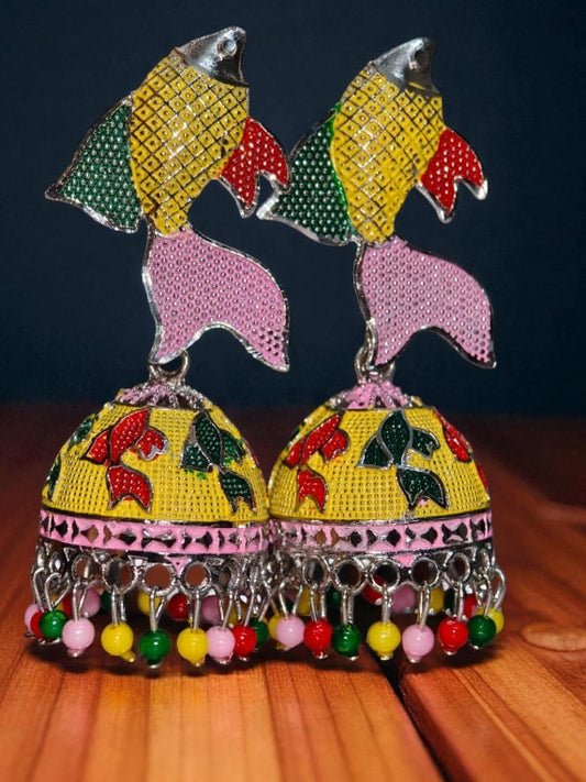 Vibrant Yellow Fish Design Meenakari Jhumka | Trendy Oxidised Jhumki Earrings with Multicolor Beads | Festive Ethnic Jewellery for Women & Girls