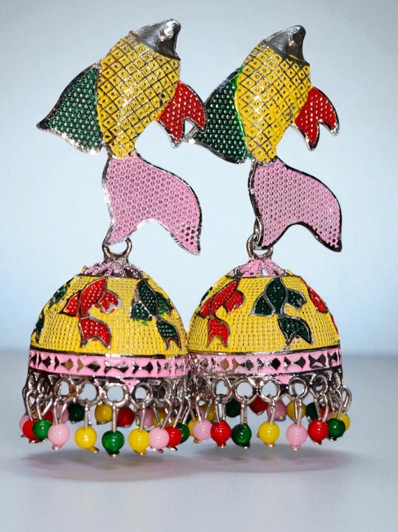 Vibrant Yellow Fish Design Meenakari Jhumka | Trendy Oxidised Jhumki Earrings with Multicolor Beads | Festive Ethnic Jewellery for Women & Girls