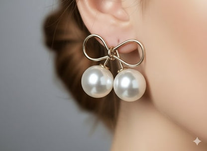 Elegant Bow Design White Pearl Drop Earrings | Fashion Jewelry for Women & Girls