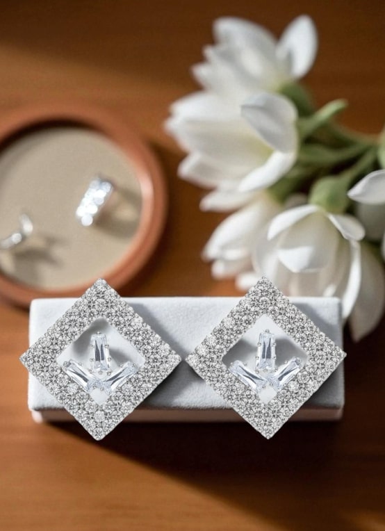 Statement Square Pave CZ Stud Earrings for Wedding & Evening Wear-Jewellery-NONO & LULI-NONO & LULI