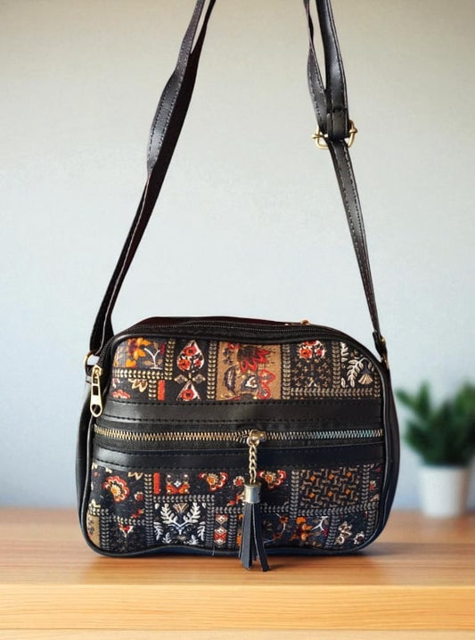 Stylish Black Ikkat Printed Sling Bags for Women – Trendy & Spacious