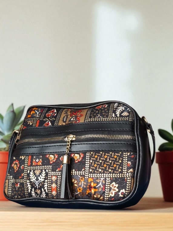 Stylish Black Ikkat Printed Sling Bags for Women – Trendy & Spacious