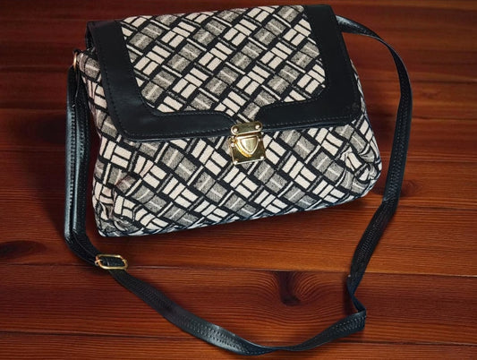 Stylish Quilted Pattern Sling Bag for Women | Modern Grey & White Crossbody Purse with Leather Accents