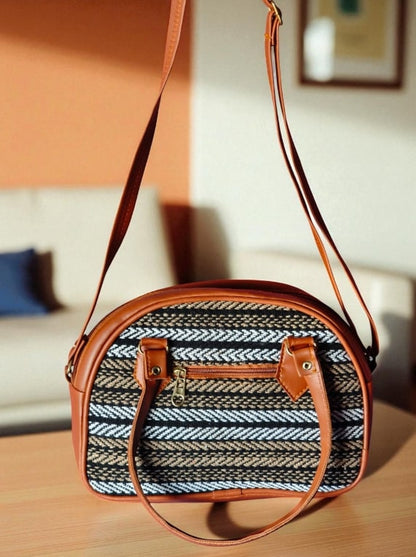 Stylish Brown & Black Woven Sling Bag for Women – Casual & Office Use Handbag with Adjustable Strap
