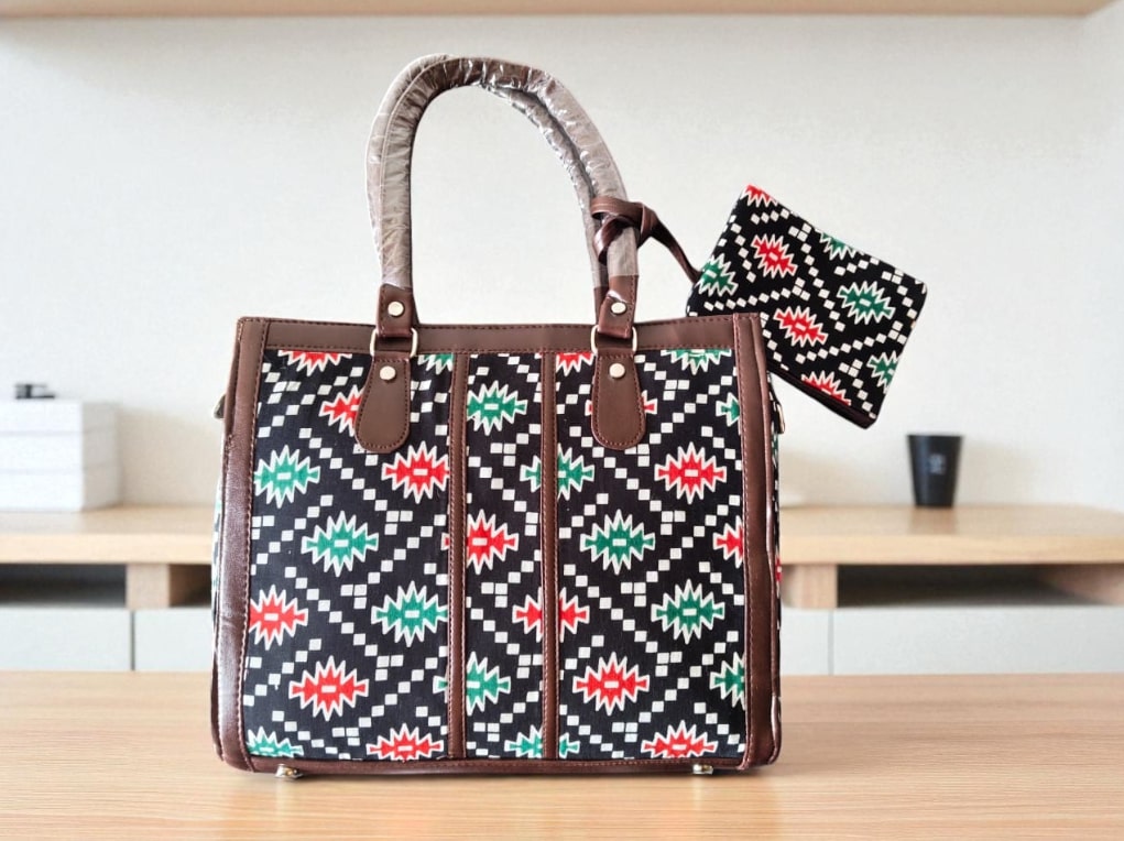 Black Trendy Ikkat Tote Bag for Women | Stylish Fabric Handbag with Matching Pouch | Spacious Office, College & Travel Bag