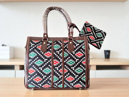 Black Trendy Ikkat Tote Bag for Women | Stylish Fabric Handbag with Matching Pouch | Spacious Office, College & Travel Bag