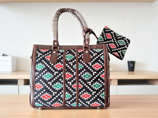 Black Trendy Ikkat Tote Bag for Women | Stylish Fabric Handbag with Matching Pouch | Spacious Office, College & Travel Bag