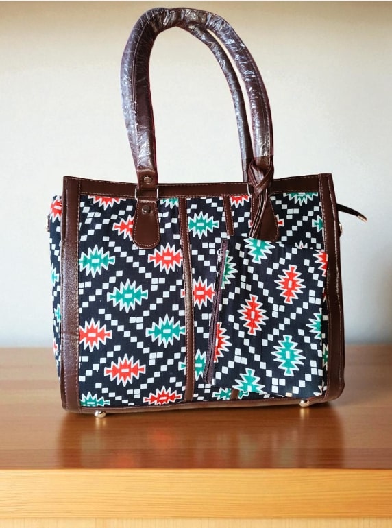 Black Trendy Ikkat Tote Bag for Women | Stylish Fabric Handbag with Matching Pouch | Spacious Office, College & Travel Bag