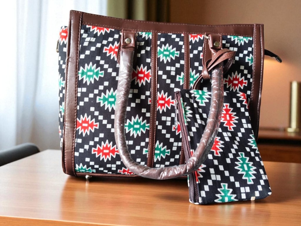 Black Trendy Ikkat Tote Bag for Women | Stylish Fabric Handbag with Matching Pouch | Spacious Office, College & Travel Bag