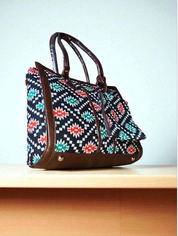 Black Trendy Ikkat Tote Bag for Women | Stylish Fabric Handbag with Matching Pouch | Spacious Office, College & Travel Bag