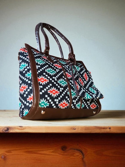 Black Trendy Ikkat Tote Bag for Women | Stylish Fabric Handbag with Matching Pouch | Spacious Office, College & Travel Bag