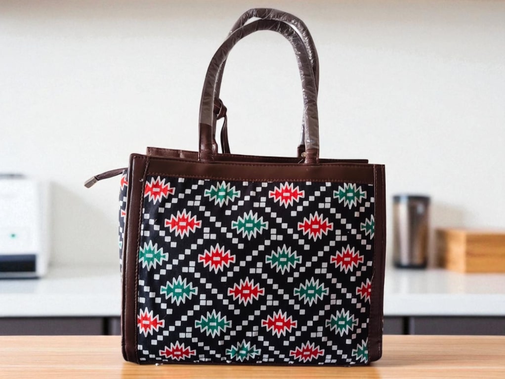 Black Trendy Ikkat Tote Bag for Women | Stylish Fabric Handbag with Matching Pouch | Spacious Office, College & Travel Bag