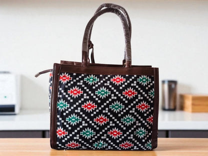 Black Trendy Ikkat Tote Bag for Women | Stylish Fabric Handbag with Matching Pouch | Spacious Office, College & Travel Bag