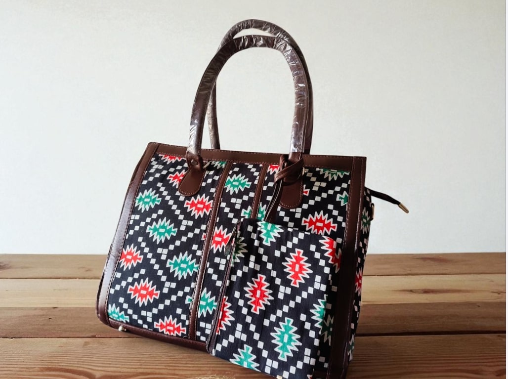 Black Trendy Ikkat Tote Bag for Women | Stylish Fabric Handbag with Matching Pouch | Spacious Office, College & Travel Bag