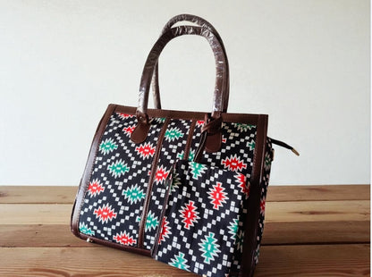 Black Trendy Ikkat Tote Bag for Women | Stylish Fabric Handbag with Matching Pouch | Spacious Office, College & Travel Bag
