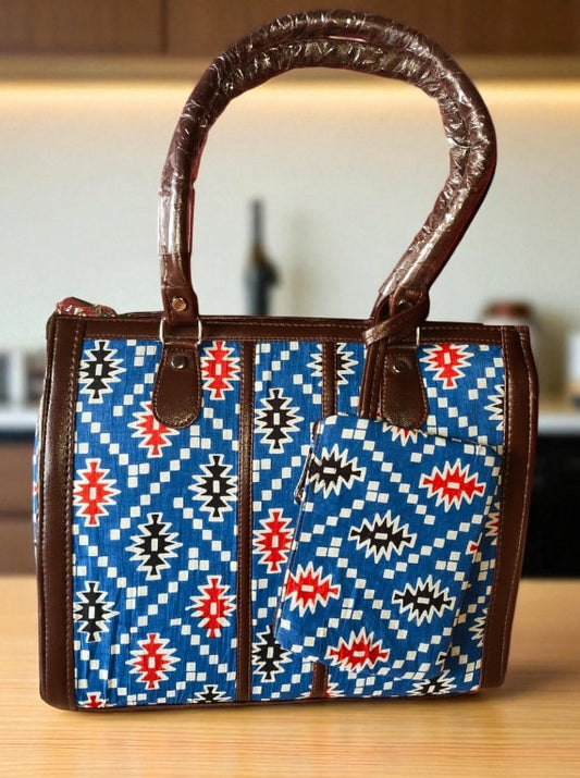 Blue Trendy Ikkat Tote Bag for Women | Stylish Fabric Handbag with Matching Pouch | Spacious Office, College & Travel Bag