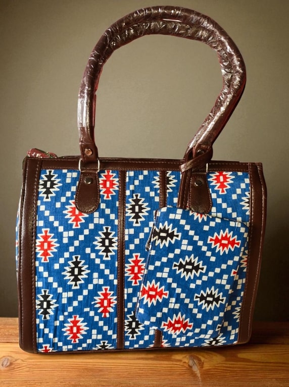 Blue Trendy Ikkat Tote Bag for Women | Stylish Fabric Handbag with Matching Pouch | Spacious Office, College & Travel Bag