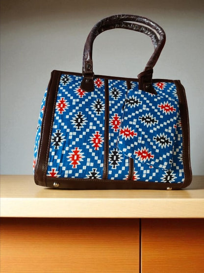 Blue Trendy Ikkat Tote Bag for Women | Stylish Fabric Handbag with Matching Pouch | Spacious Office, College & Travel Bag