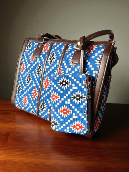 Blue Trendy Ikkat Tote Bag for Women | Stylish Fabric Handbag with Matching Pouch | Spacious Office, College & Travel Bag