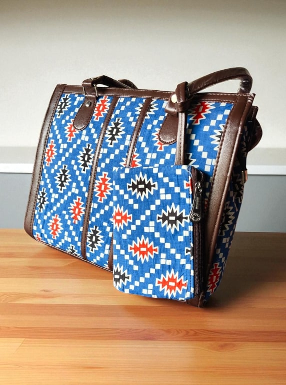 Blue Trendy Ikkat Tote Bag for Women | Stylish Fabric Handbag with Matching Pouch | Spacious Office, College & Travel Bag