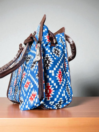 Blue Trendy Ikkat Tote Bag for Women | Stylish Fabric Handbag with Matching Pouch | Spacious Office, College & Travel Bag