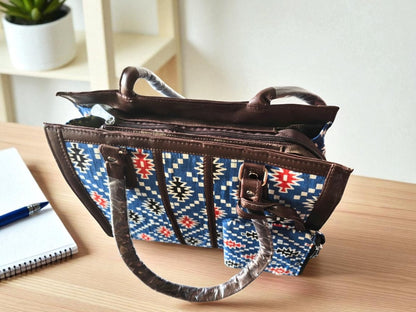 Blue Trendy Ikkat Tote Bag for Women | Stylish Fabric Handbag with Matching Pouch | Spacious Office, College & Travel Bag