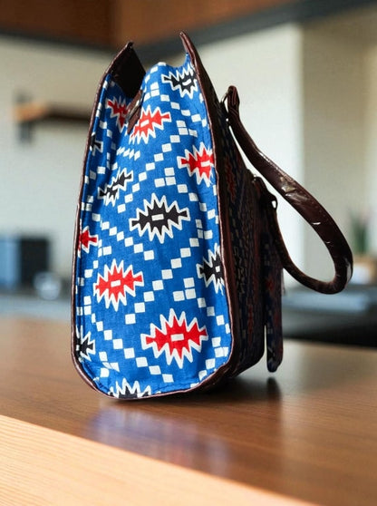 Blue Trendy Ikkat Tote Bag for Women | Stylish Fabric Handbag with Matching Pouch | Spacious Office, College & Travel Bag