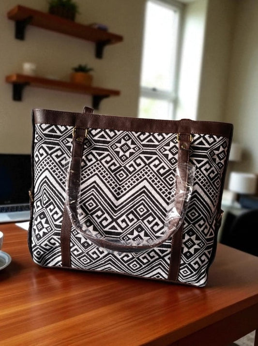 White Premium Jacquard Tote Bag for Women | Spacious Handbag with Trendy Ethnic & Geometric Design | Stylish Office, College & Travel Bag
