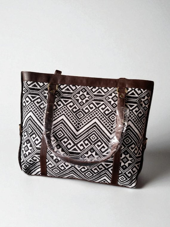 White Premium Jacquard Tote Bag for Women | Spacious Handbag with Trendy Ethnic & Geometric Design | Stylish Office, College & Travel Bag