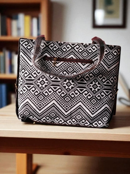 White Premium Jacquard Tote Bag for Women | Spacious Handbag with Trendy Ethnic & Geometric Design | Stylish Office, College & Travel Bag