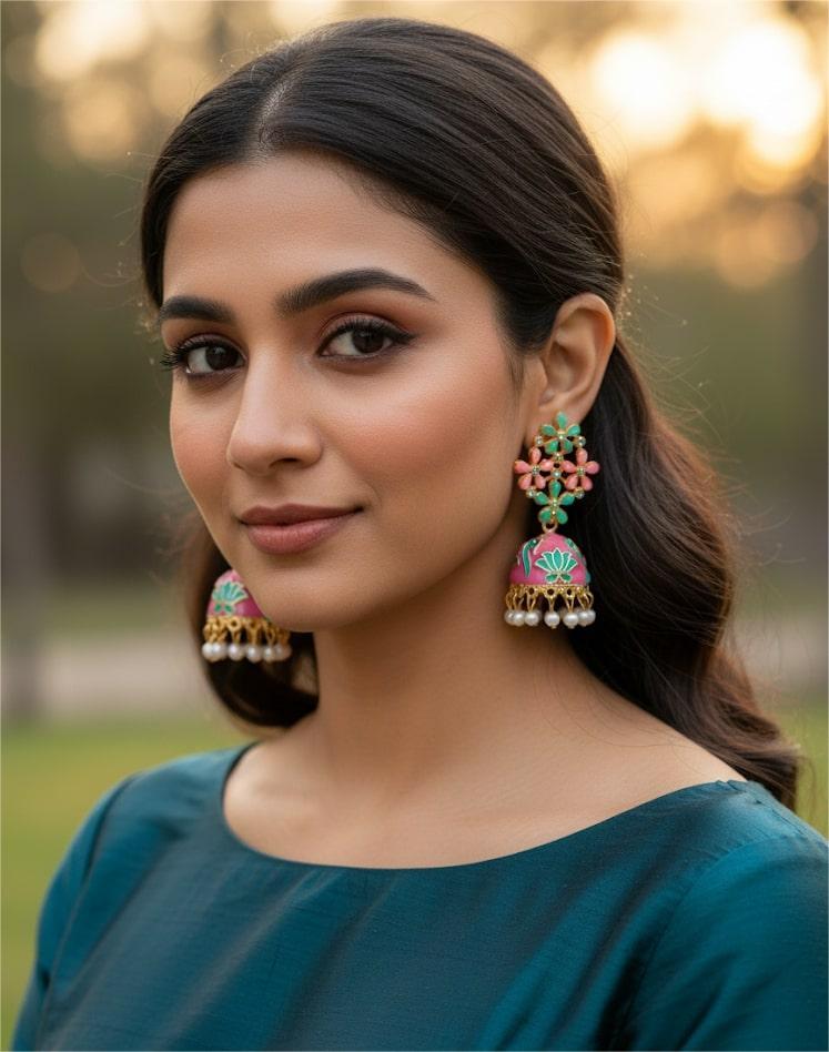 Pink Floral Meenakari Jhumka Earrings with Pearl Drops, Hand-Painted Jhumki for Women, Festive & Party Wear Jewelry-Jewellery-NONO & LULI-NONO & LULI
