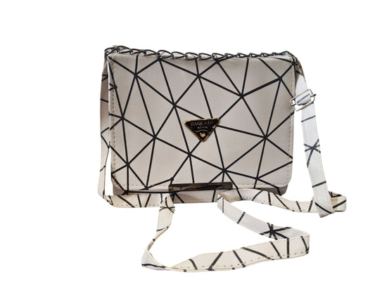 Trendy Geometric Pattern White PU Leather Sling Bags for Women & Girls – Stylish Crossbody Shoulder Bag