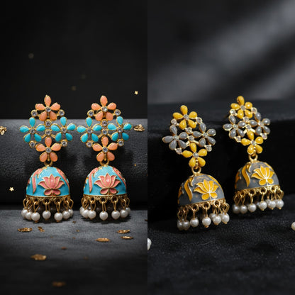 Meenakari Enamel Lotus Jhumka Earrings with Pearl Drops | Traditional Indian Jhumki-Jewellery-NONO & LULI-NONO & LULI