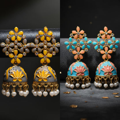 Meenakari Enamel Lotus Jhumka Earrings with Pearl Drops | Traditional Indian Jhumki-Jewellery-NONO & LULI-NONO & LULI