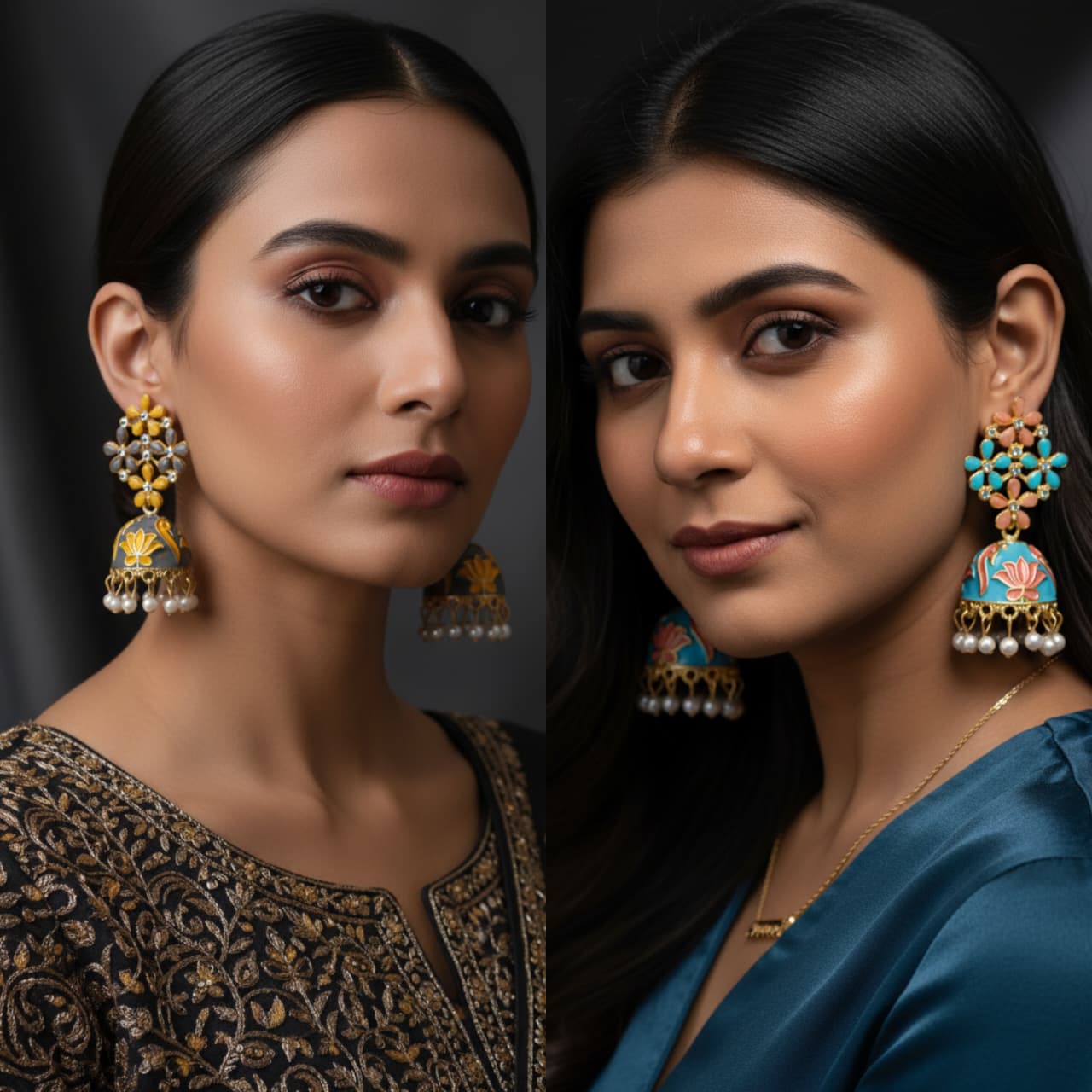 Meenakari Enamel Lotus Jhumka Earrings with Pearl Drops | Traditional Indian Jhumki-Jewellery-NONO & LULI-NONO & LULI