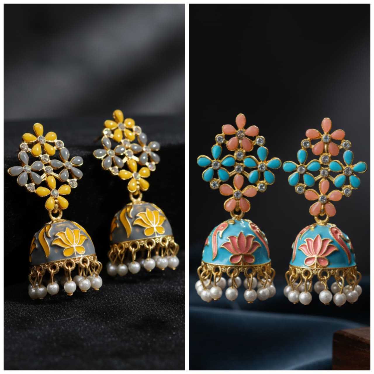 Meenakari Enamel Lotus Jhumka Earrings with Pearl Drops | Traditional Indian Jhumki-Jewellery-NONO & LULI-NONO & LULI