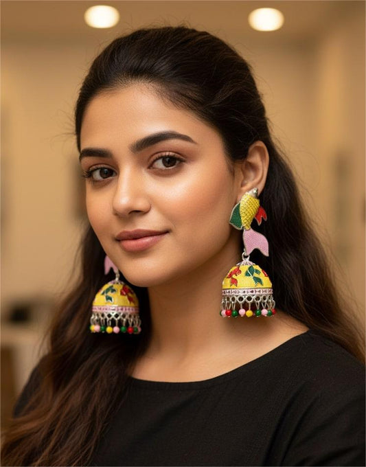 Vibrant Yellow Fish Design Meenakari Jhumka | Trendy Oxidised Jhumki Earrings with Multicolor Beads | Festive Ethnic Jewellery for Women & Girls