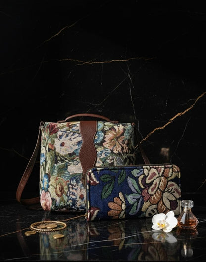 Elegant Floral Tapestry Shoulder Bag & Wallet Combo for Women | Vintage Style Woven Sling Bag Purse Set (Pack of 2)